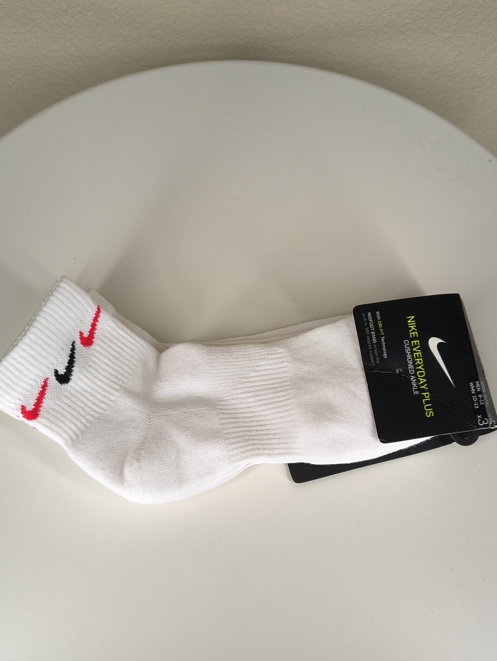 Nike White Crew Athletic Socks with Red and Black Swooshes